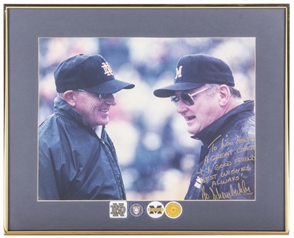 Lou Holtz framed photo with University of Michigan Coach Glenn Edward "Bo" Schembechler Framed to  18x15" Signed by Coach Bo Schembechler (Holtz LOA) (Beckett)